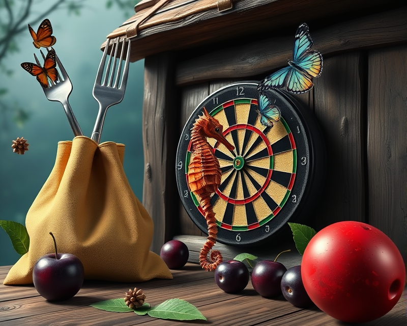 bag, fork, seahorse, plum, cabin, dartboard, bowling ball, spiderman, butterfly